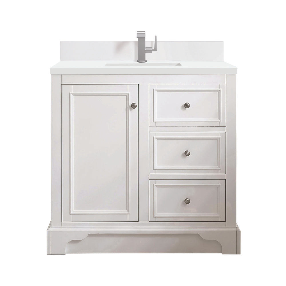 James Martin - De Soto 36" Single Vanity, Bright White w/ Single Hole 3 CM White Zeus Silestone Top & Backsplash - 825-V36-BW-1WZ view 1