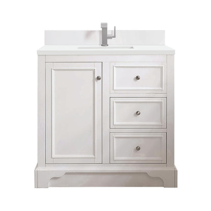 James Martin - De Soto 36" Single Vanity, Bright White w/ Single Hole 3 CM White Zeus Silestone Top & Backsplash - 825-V36-BW-1WZ view 1