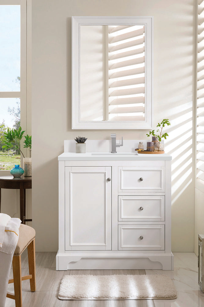 James Martin - De Soto 36" Single Vanity, Bright White w/ Single Hole 3 CM White Zeus Silestone Top & Backsplash - 825-V36-BW-1WZ view 3