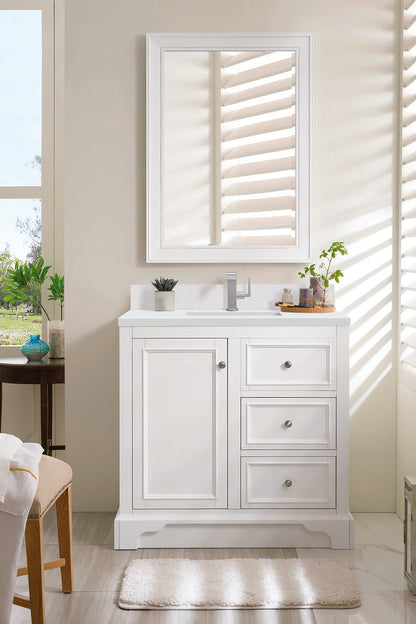 James Martin - De Soto 36" Single Vanity, Bright White w/ Single Hole 3 CM White Zeus Silestone Top & Backsplash - 825-V36-BW-1WZ view 3