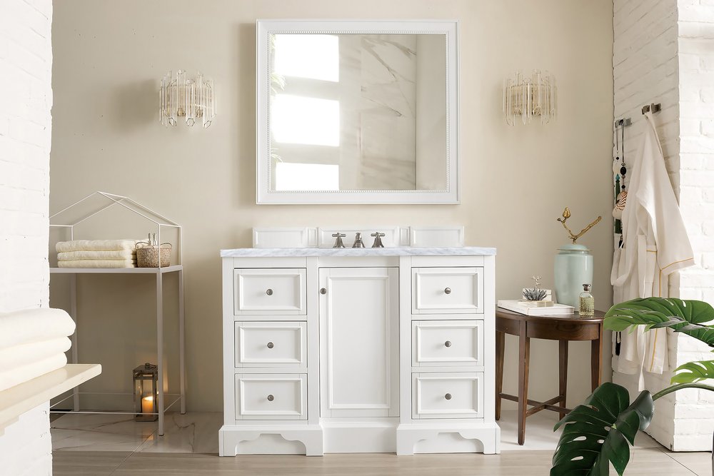 James Martin - De Soto 48" Single Vanity, Bright White w/ 3 CM Carrara Marble Top - 825-V48-BW-3CAR view 3