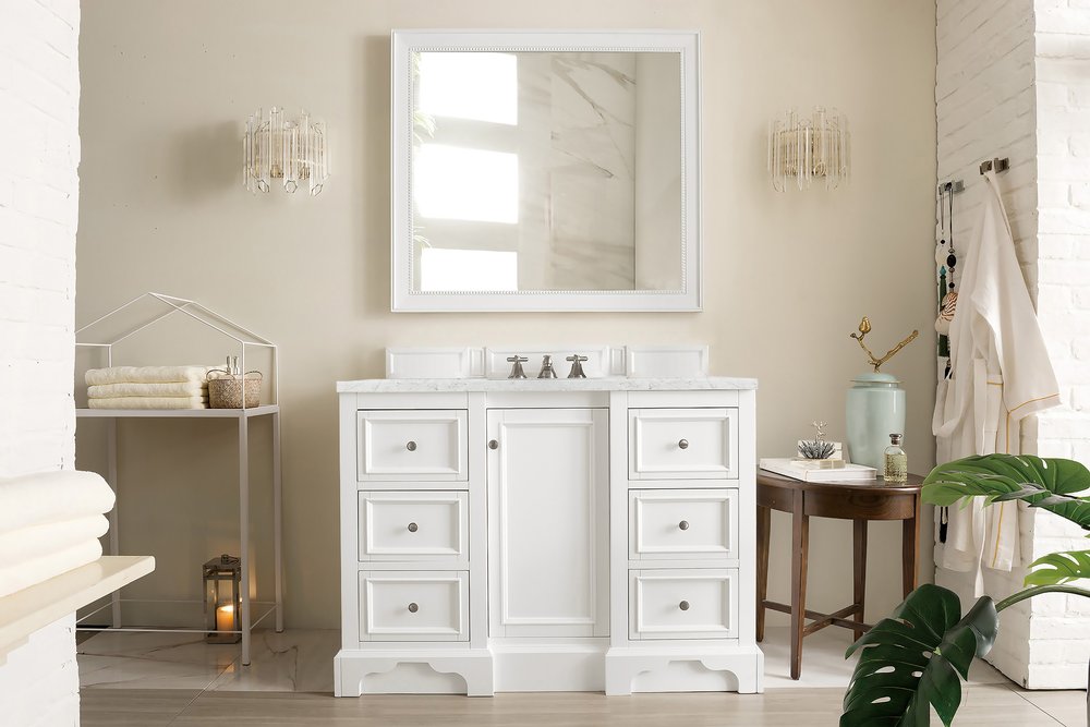James Martin - De Soto 48" Single Vanity, Bright White w/ 3 CM Eternal Jasmine Pearl Silestone Top - 825-V48-BW-3EJP view 3