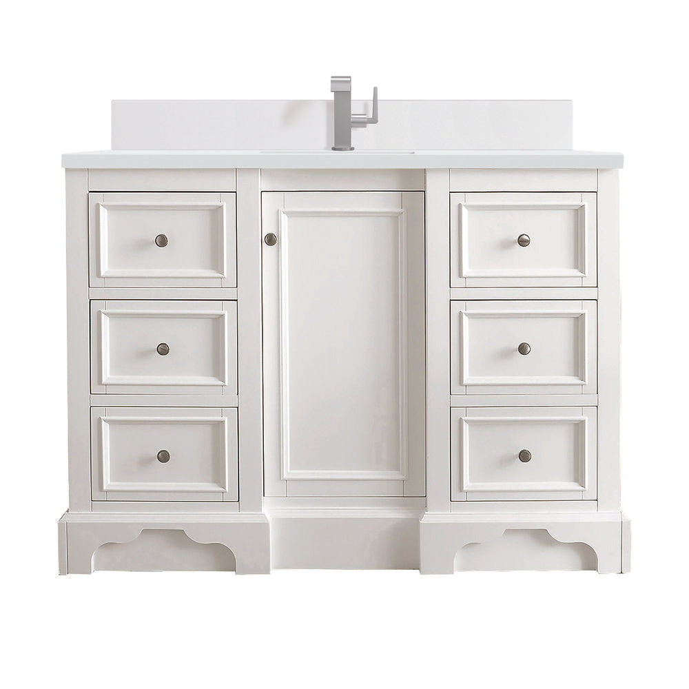 James Martin - De Soto 48" Single Vanity, Bright White w/ Single Hole 3 CM White Zeus Silestone Top & Backsplash - 825-V48-BW-1WZ view 1