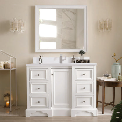 James Martin - De Soto 48" Single Vanity, Bright White w/ Single Hole 3 CM White Zeus Silestone Top & Backsplash - 825-V48-BW-1WZ view 3