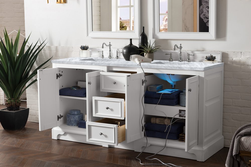James Martin - De Soto 72" Double Vanity, Bright White w/ 3 CM Carrara Marble Top - 825-V72-BW-3CAR view 4
