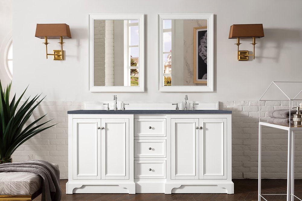 James Martin - De Soto 72" Double Vanity, Bright White w/ 3 CM Charcoal Soapstone Silestone Top - 825-V72-BW-3CSP view 2