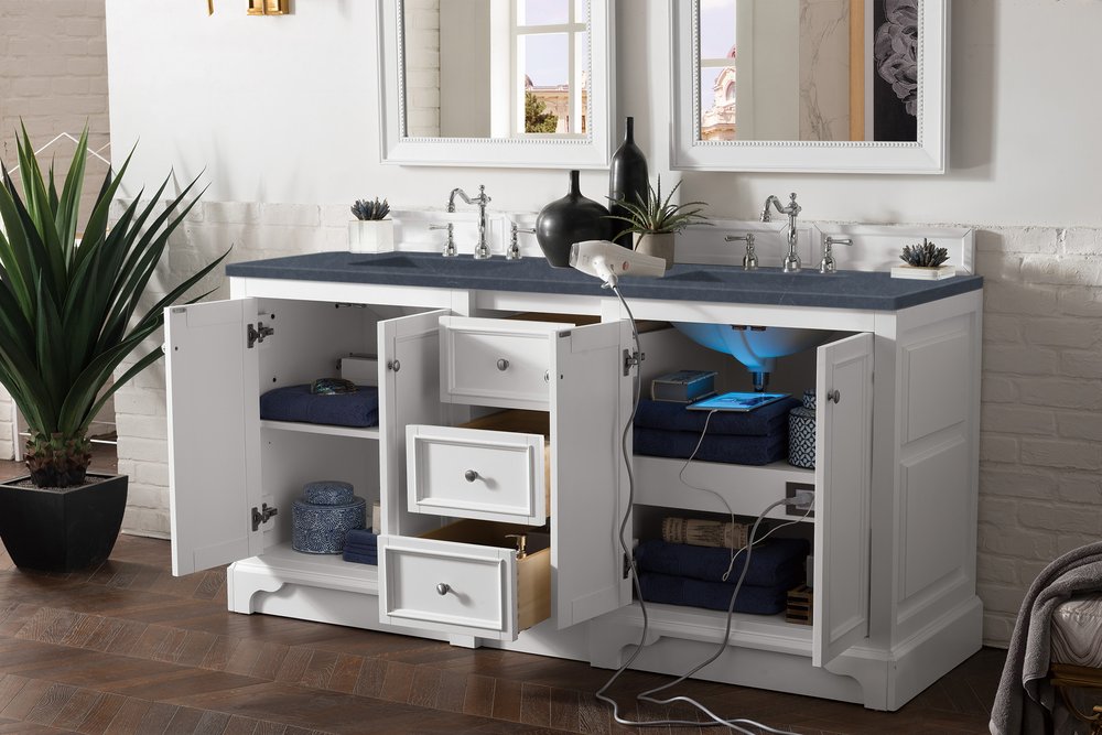James Martin - De Soto 72" Double Vanity, Bright White w/ 3 CM Charcoal Soapstone Silestone Top - 825-V72-BW-3CSP view 4