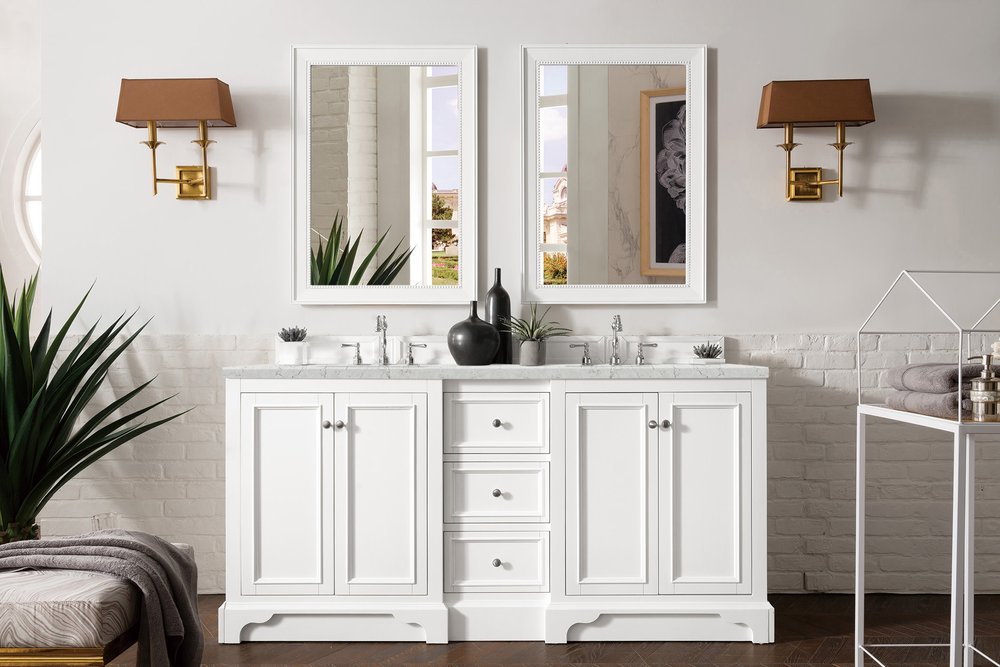 James Martin - De Soto 72" Double Vanity, Bright White w/ 3 CM Eternal Jasmine Pearl Silestone Top - 825-V72-BW-3EJP view 2