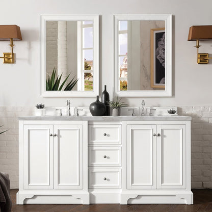 James Martin - De Soto 72" Double Vanity, Bright White w/ 3 CM Victorian Silver Silestone Top - 825-V72-BW-3VSL view 2