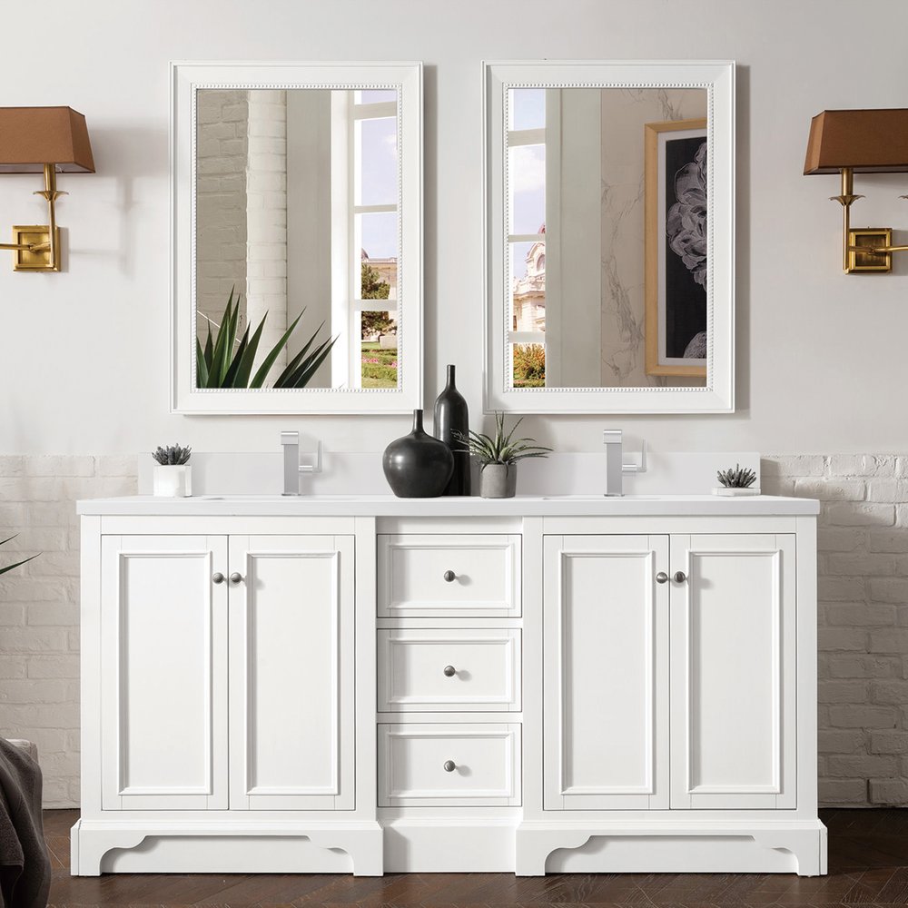 James Martin - De Soto 72" Double Vanity, Bright White w/ Single Hole 3 CM White Zeus Silestone Top & Backsplash - 825-V72-BW-1WZ view 2