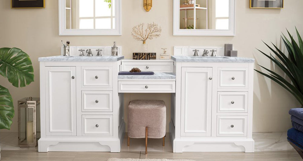 James Martin - De Soto 82" Double Vanity Set, Bright White w/ 3 CM Carrara Marble Top - 825-V82-BW-DU-CAR view 1