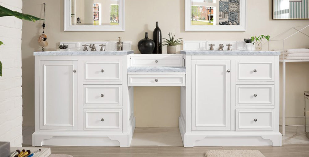 James Martin - De Soto 94" Double Vanity Set, Bright White w/ 3 CM Carrara Marble Top - 825-V94-BW-DU-CAR view 1