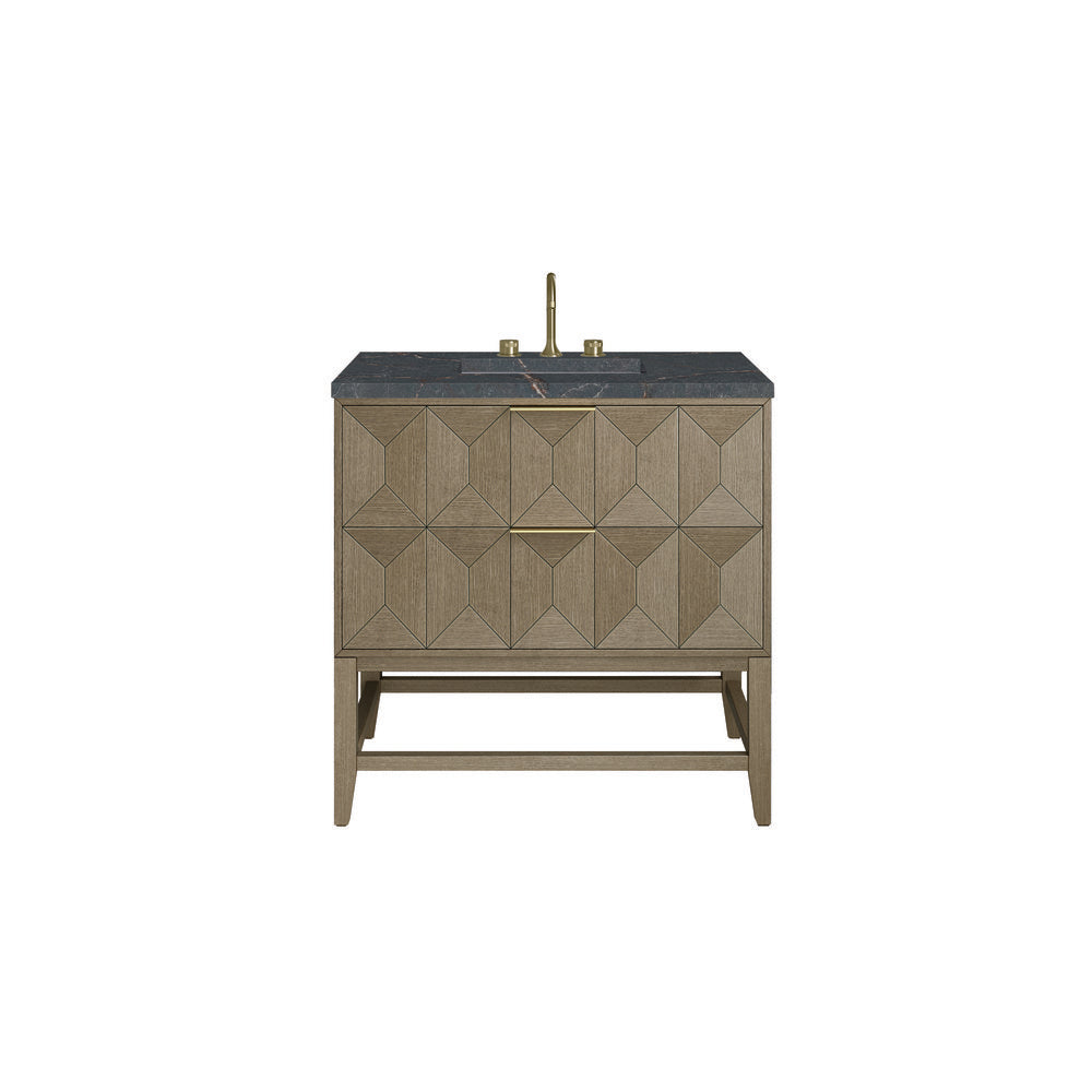 James Martin - Emmeline 36" Single Vanity, Pebble Oak w/ 3 CM Parisien Bleu Top - D100-V36-PBO-3PBL view 1