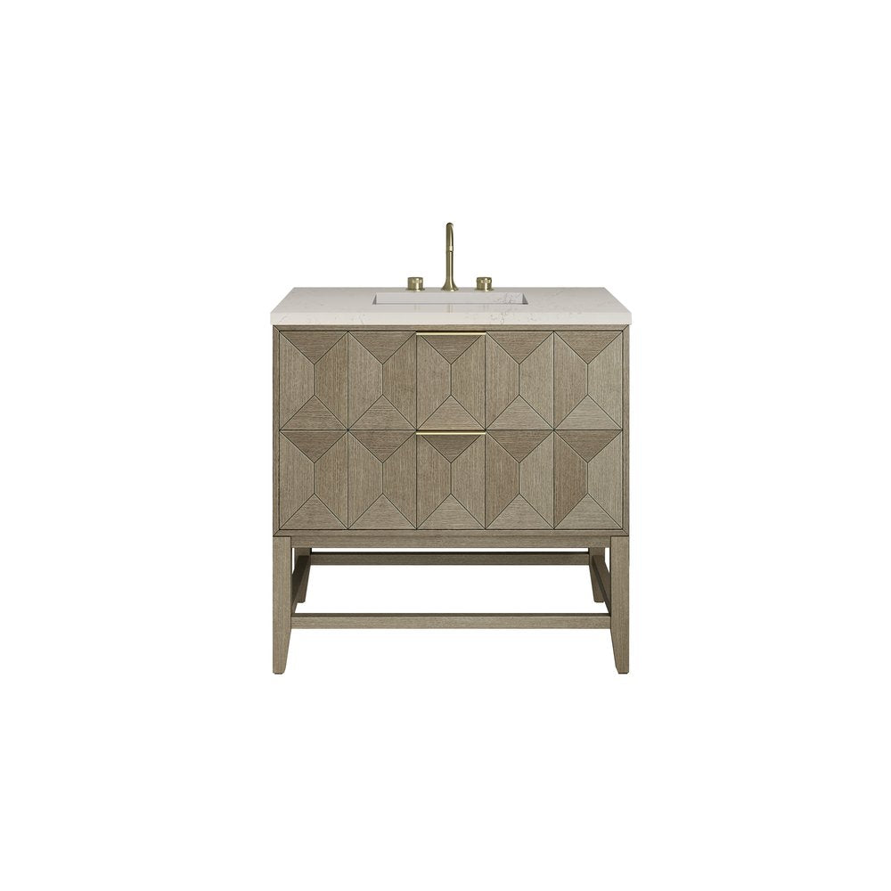 James Martin - Emmeline 36" Single Vanity, Pebble Oak, w/ 3 CM Siberian Silestone Top - D100-V36-PBO-3SFR view 1