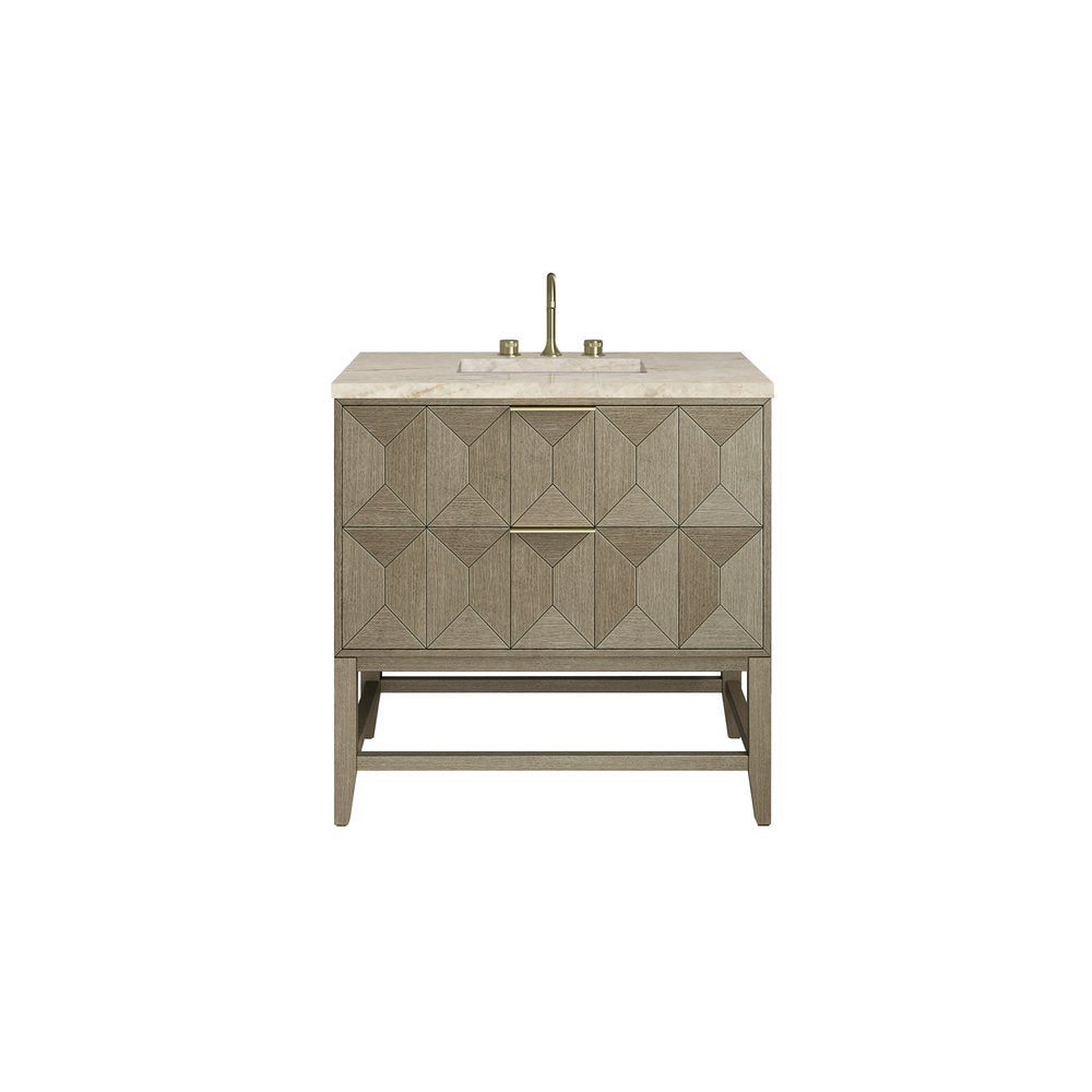 James Martin - Emmeline 36" Single Vanity, Pebble Oak, w/ 3 CM Tajnar Eclos Top - D100-V36-PBO-3TJR view 1