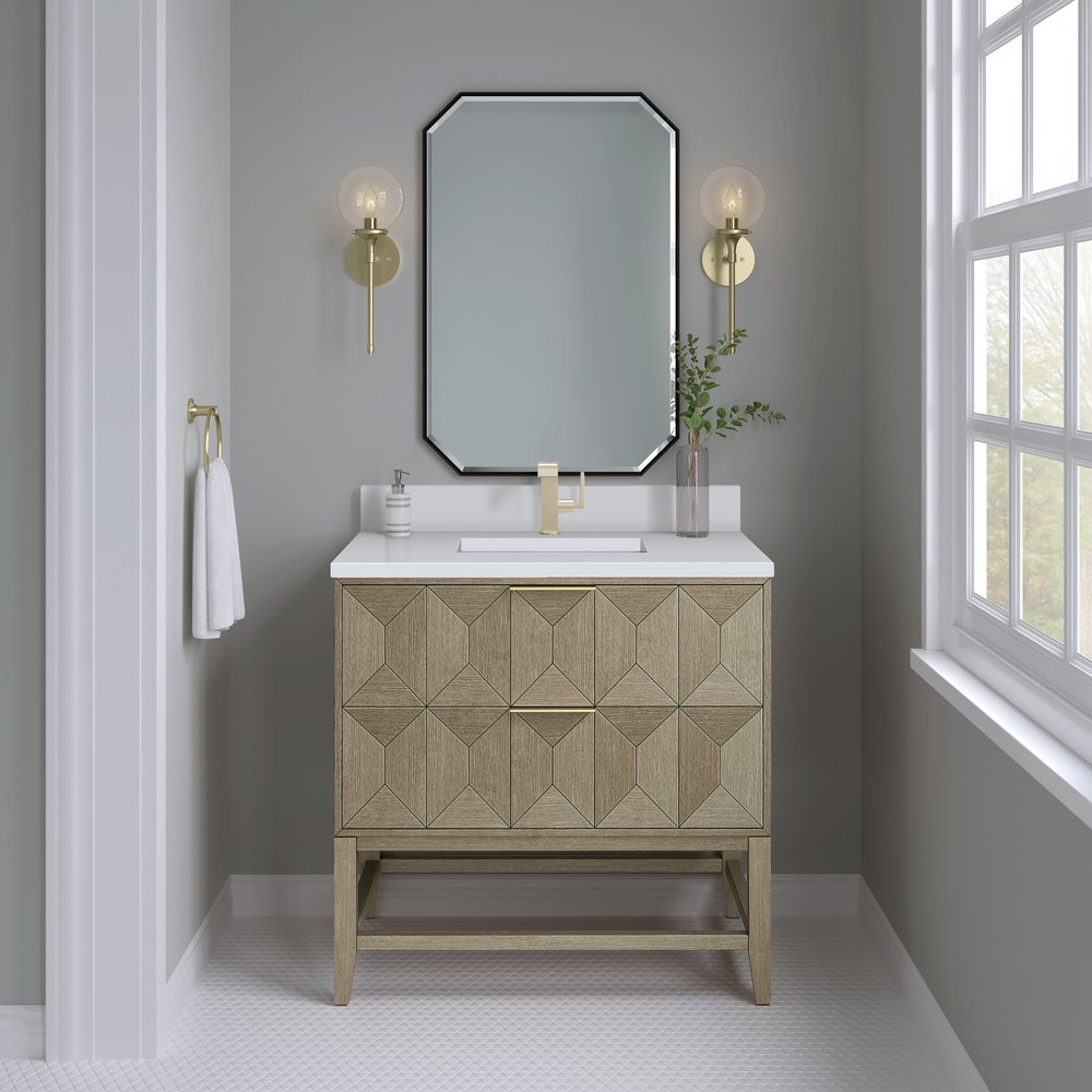 James Martin - Emmeline 36" Single Vanity, Pebble Oak w/ Single Hole 3 CM White Zeus Top & Backsplash - D100-V36-PBO-1WZ view 2