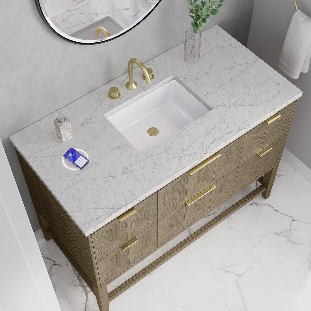 James Martin - Emmeline 48" Single Vanity, Pebble Oak w/ 3 CM Eternal Jasmine Pearl Silestone Top w/ FreePower Wireless Charger - D100-V48-PBO-FEJP view 6