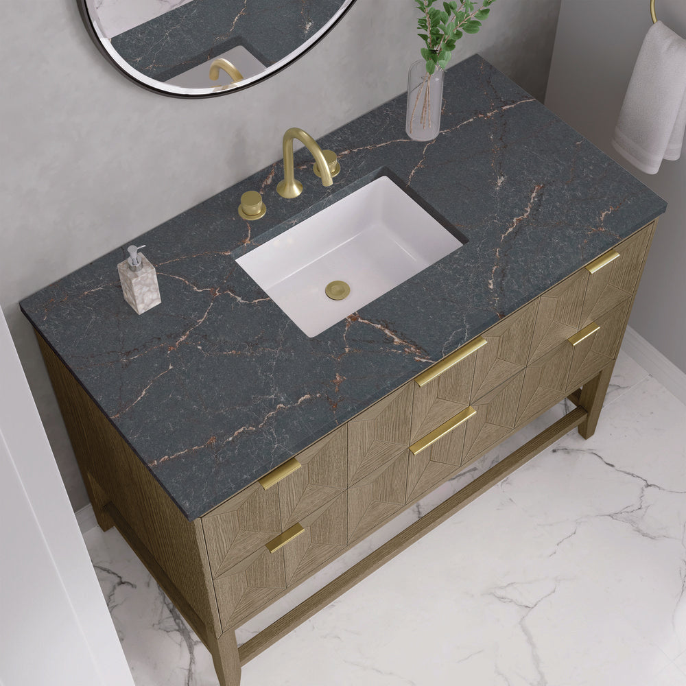 James Martin - Emmeline 48" Single Vanity, Pebble Oak w/ 3 CM Parisien Bleu Silestone Top - D100-V48-PBO-3PBL view 6