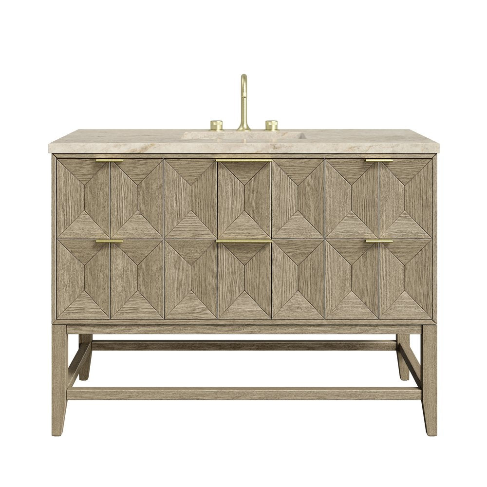 James Martin - Emmeline 48" Single Vanity, Pebble Oak, w/ 3 CM Tajnar Eclos Top - D100-V48-PBO-3TJR view 1