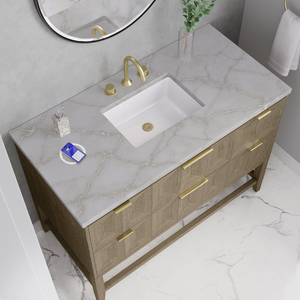 James Martin - Emmeline 48" Single Vanity, Pebble Oak w/ 3 CM Victorian Silver Silestone Top w/ FreePower Wireless Charger - D100-V48-PBO-FVSL view 6