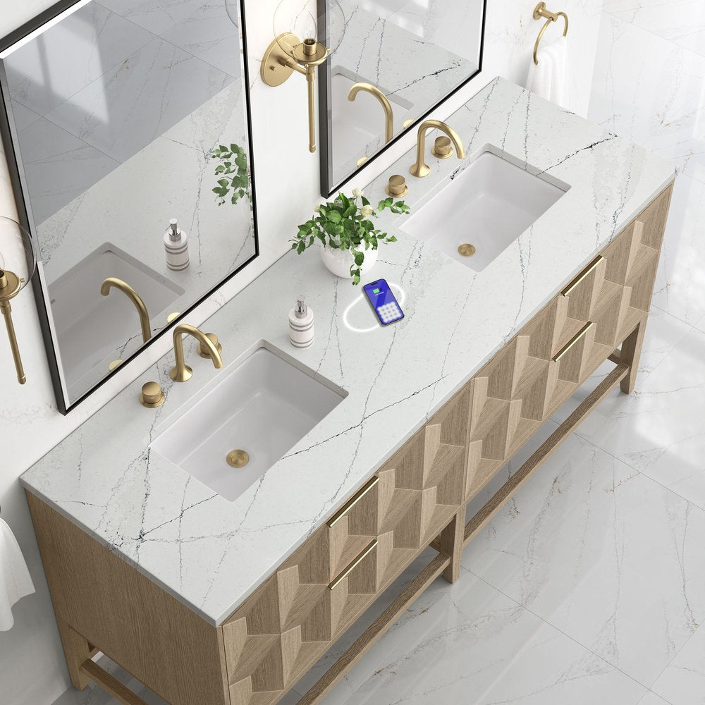 James Martin - Emmeline 72" Double Vanity, Pebble Oak w/ 3 CM Ethereal Noctis Top w/FreePower Wireless Charger - D100-V72-PBO-FENC view 7