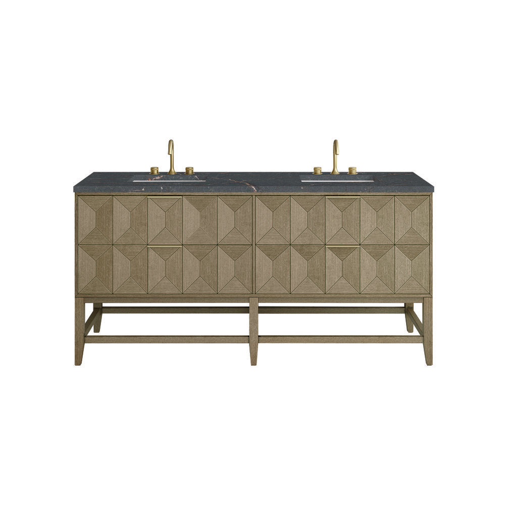 James Martin - Emmeline 72" Double Vanity, Pebble Oak w/ 3 CM Parisien Bleu Top - D100-V72-PBO-3PBL view 1