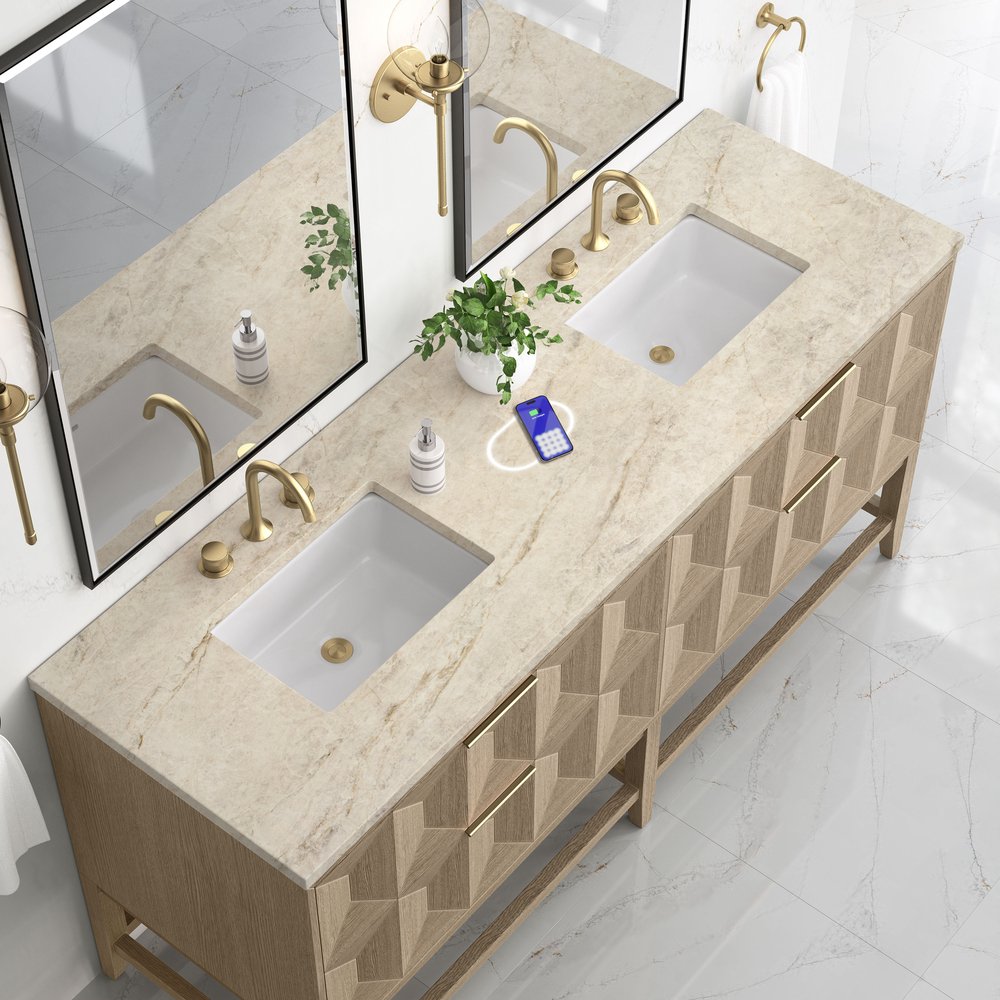 James Martin - Emmeline 72" Double Vanity, Pebble Oak, w/ 3 CM Tajnar Eclos Top w/FreePower Wireless Charger - D100-V72-PBO-FTJR view 5