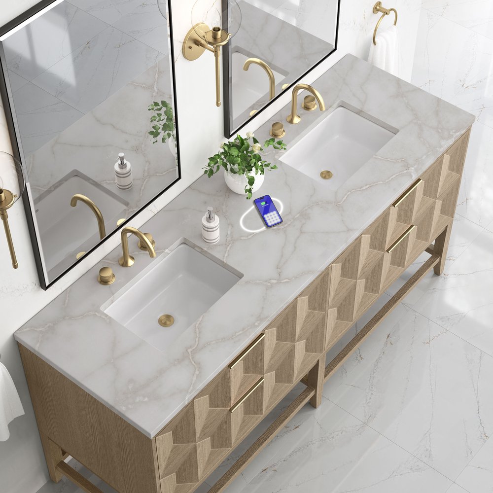James Martin - Emmeline 72" Double Vanity, Pebble Oak w/ 3 CM Victorian Silver Top w/FreePower Wireless Charger - D100-V72-PBO-FVSL view 6