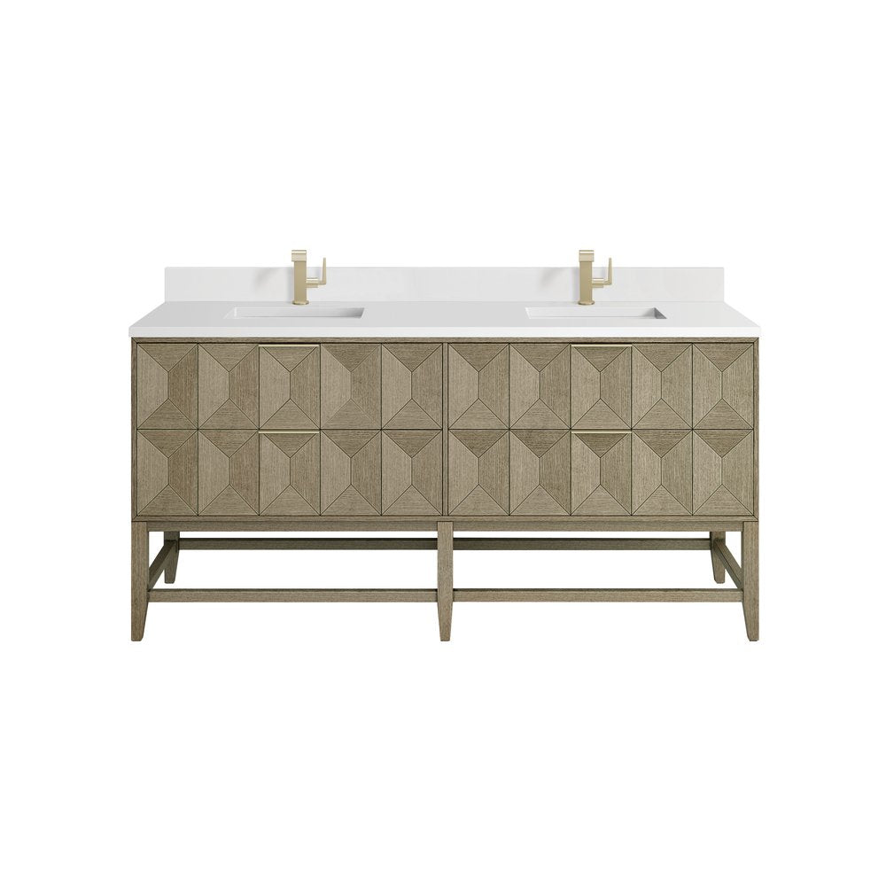 James Martin - Emmeline 72" Double Vanity, Pebble Oak w/ Single Hole 3 CM White Zeus Top & Backsplash - D100-V72-PBO-1WZ view 1