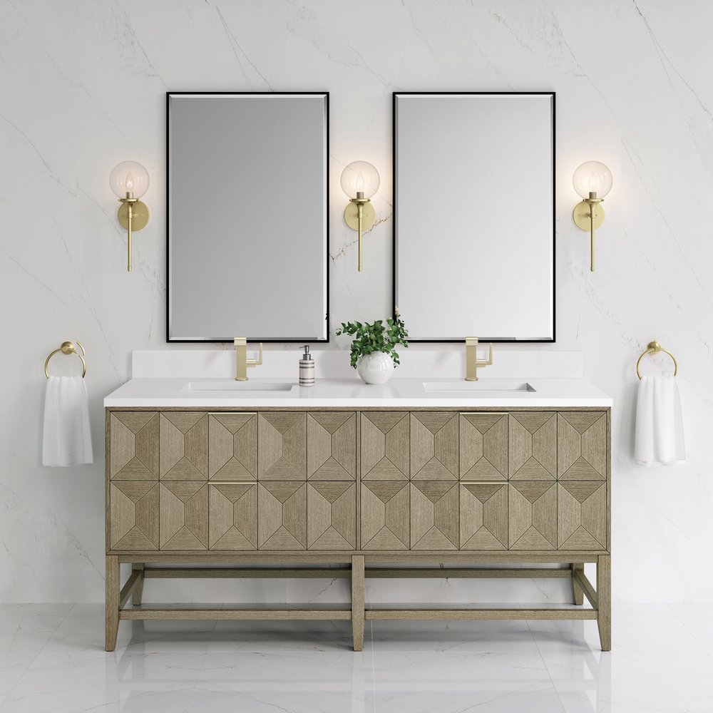 James Martin - Emmeline 72" Double Vanity, Pebble Oak w/ Single Hole 3 CM White Zeus Top & Backsplash - D100-V72-PBO-1WZ view 2