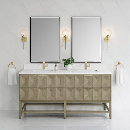James Martin - Emmeline 72" Double Vanity, Pebble Oak w/ Single Hole 3 CM White Zeus Top & Backsplash - D100-V72-PBO-1WZ view 2