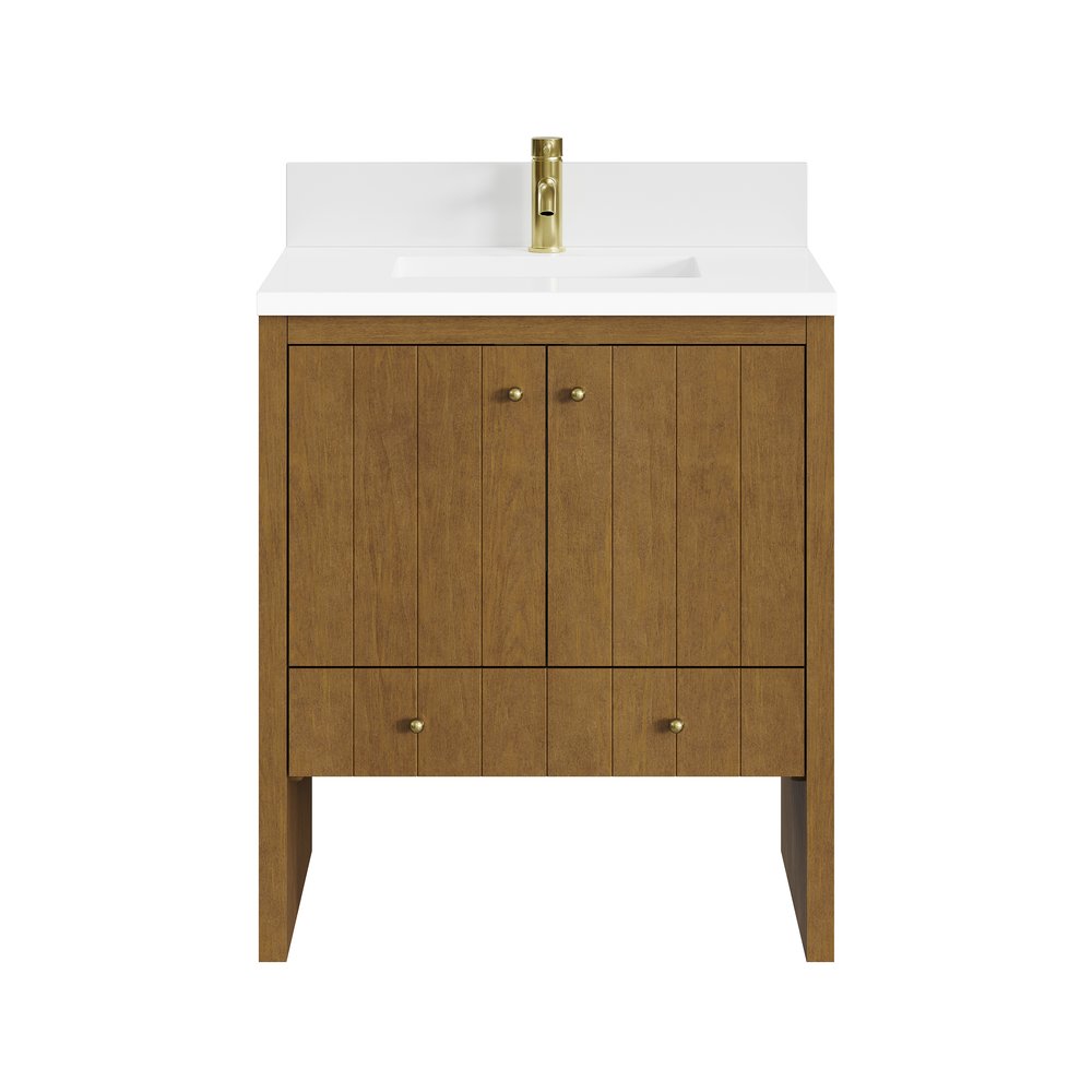 James Martin - Hudson 30" Single Vanity, Honey Oak w/ Single Hole 3 CM White Zeus Silestone Top and Matching Backsplash - 435-V30-HNO-1WZ view 1