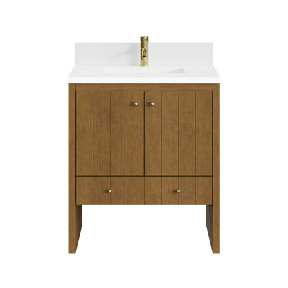 James Martin - Hudson 30" Single Vanity, Honey Oak w/ Single Hole 3 CM White Zeus Silestone Top and Matching Backsplash - 435-V30-HNO-1WZ view 1