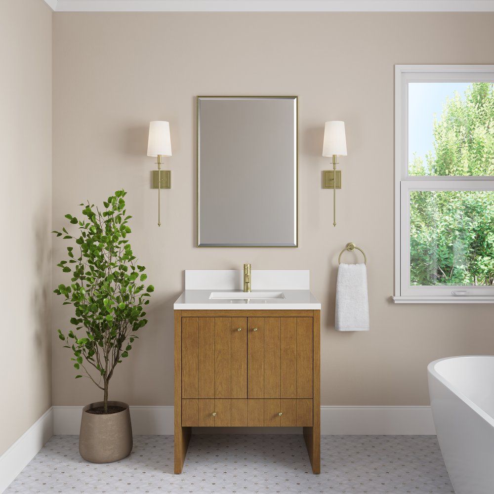 James Martin - Hudson 30" Single Vanity, Honey Oak w/ Single Hole 3 CM White Zeus Silestone Top and Matching Backsplash - 435-V30-HNO-1WZ view 3