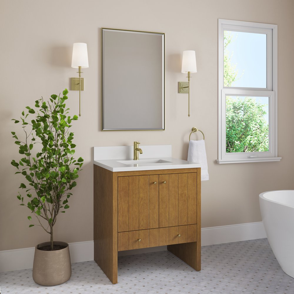 James Martin - Hudson 30" Single Vanity, Honey Oak w/ Single Hole 3 CM White Zeus Silestone Top and Matching Backsplash - 435-V30-HNO-1WZ view 4