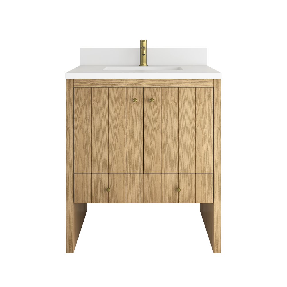 James Martin - Hudson 30" Single Vanity, Light Natural Oak w/ Single Hole 3 CM White Zeus Silestone Top and Matching Backsplash - 435-V30-LNO-1WZ view 1