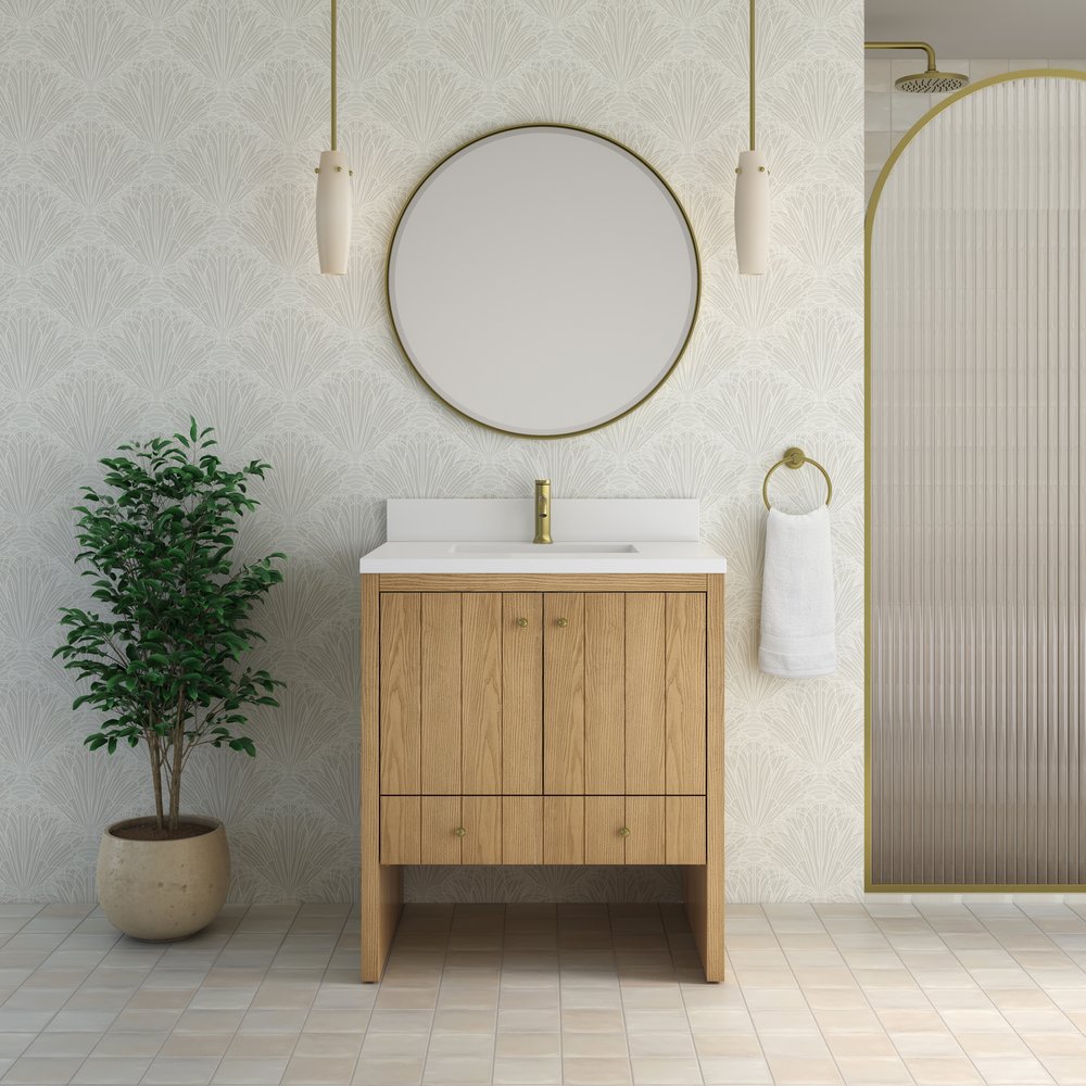 James Martin - Hudson 30" Single Vanity, Light Natural Oak w/ Single Hole 3 CM White Zeus Silestone Top and Matching Backsplash - 435-V30-LNO-1WZ view 3