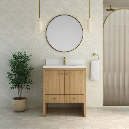 James Martin - Hudson 30" Single Vanity, Light Natural Oak w/ Single Hole 3 CM White Zeus Silestone Top and Matching Backsplash - 435-V30-LNO-1WZ view 4