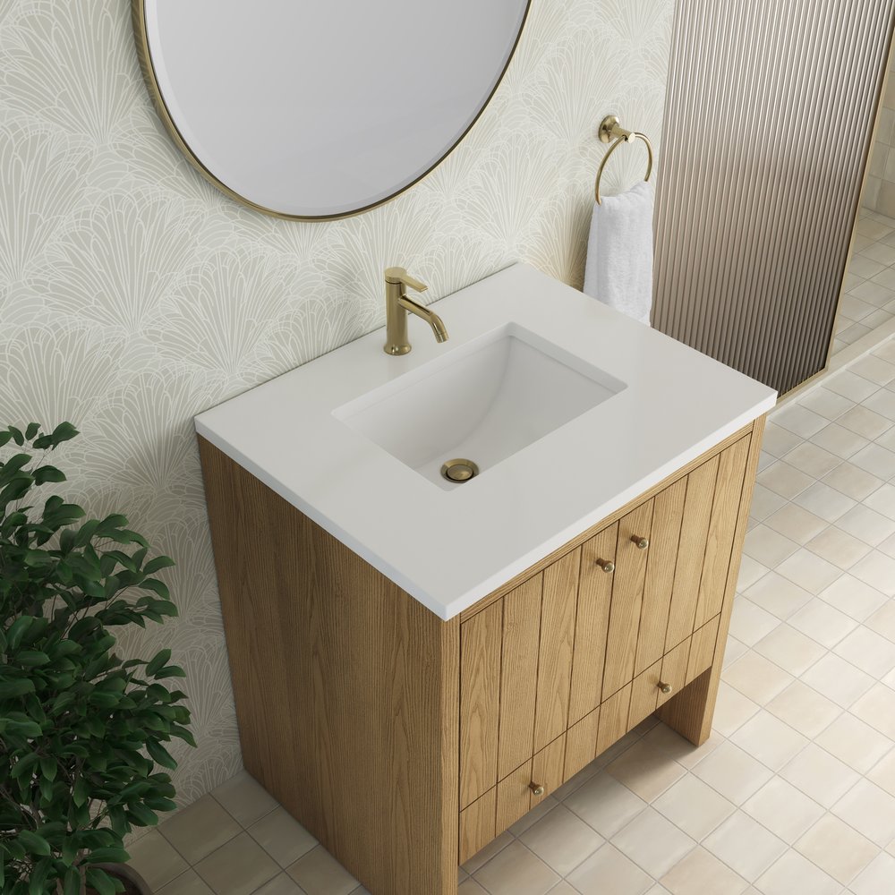 James Martin - Hudson 30" Single Vanity, Light Natural Oak w/ Single Hole 3 CM White Zeus Silestone Top and Matching Backsplash - 435-V30-LNO-1WZ view 9