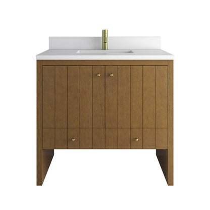 James Martin - Hudson 36" Single Vanity, Honey Oak w/ Single Hole 3 CM White Zeus Silestone Top and Matching Backsplash - 435-V36-HNO-1WZ view 1