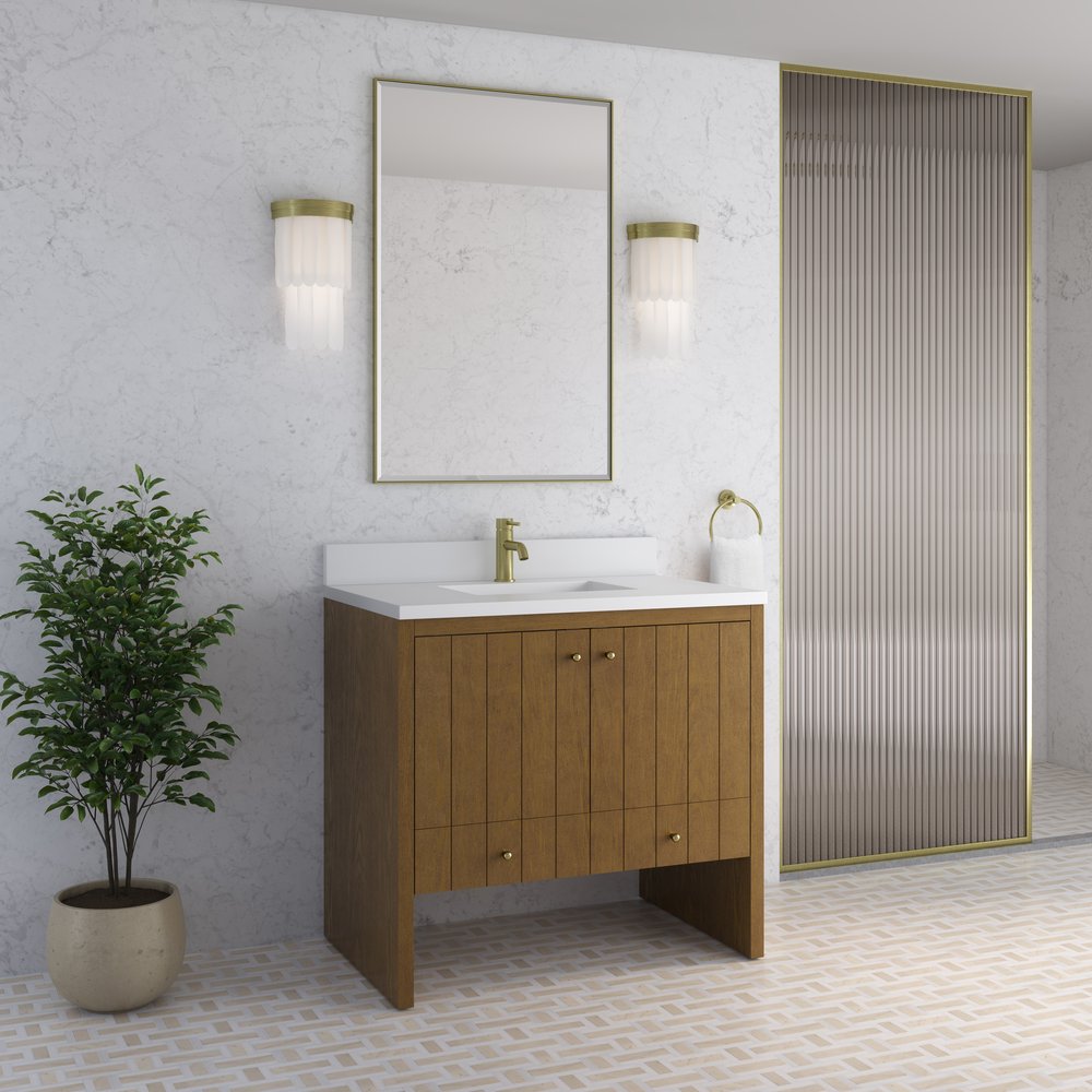 James Martin - Hudson 36" Single Vanity, Honey Oak w/ Single Hole 3 CM White Zeus Silestone Top and Matching Backsplash - 435-V36-HNO-1WZ view 5