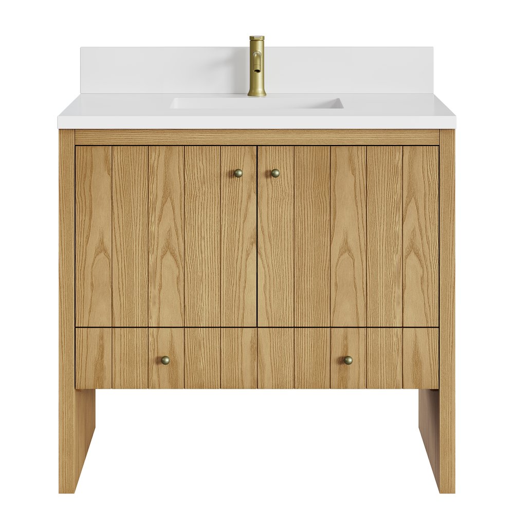 James Martin - Hudson 36" Single Vanity, Light Natural Oak w/ Single Hole 3 CM White Zeus Top & Backsplash - 435-V36-LNO-1WZ view 1