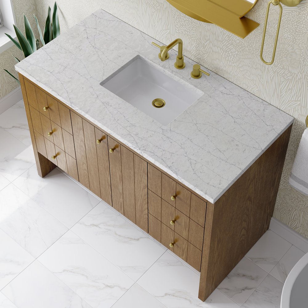 James Martin - Hudson 48" Single Vanity, Honey Oak w/ 3 CM Eternal Jasmine Pearl Silestone Top - 435-V48-HNO-3EJP view 8