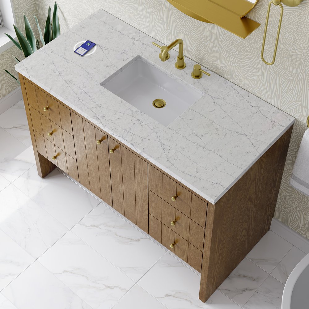 James Martin - Hudson 48" Single Vanity, Honey Oak w/ 3 CM Eternal Jasmine Pearl Silestone Top w/FreePower Wireless Charger - 435-V48-HNO-FEJP view 8