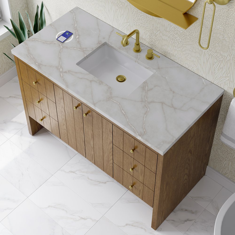 James Martin - Hudson 48" Single Vanity, Honey Oak w/ 3 CM Victorian Silver Silestone Top w/FreePower Wireless Charger - 435-V48-HNO-FVSL view 8