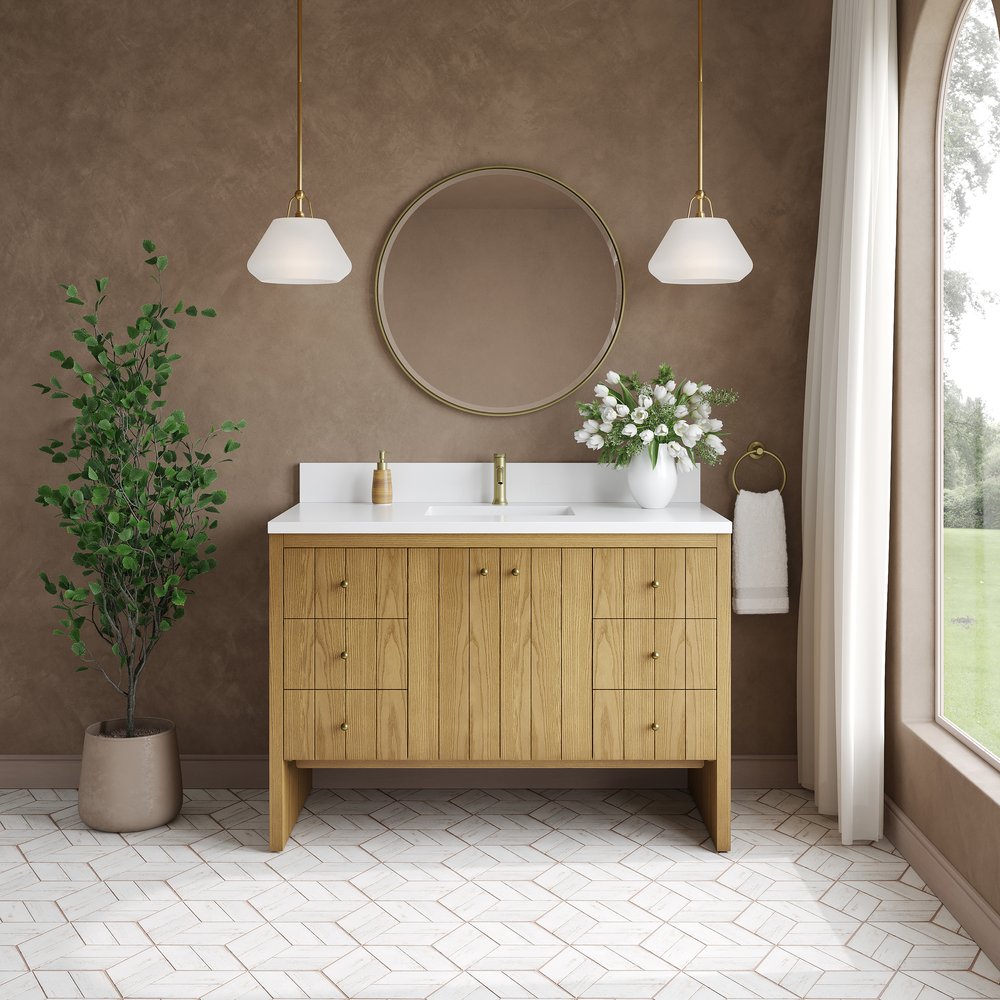 James Martin - Hudson 48" Single Vanity, Light Natural Oak w/ Single Hole 3 CM White Zeus Top & Backsplash - 435-V48-LNO-1WZ view 3