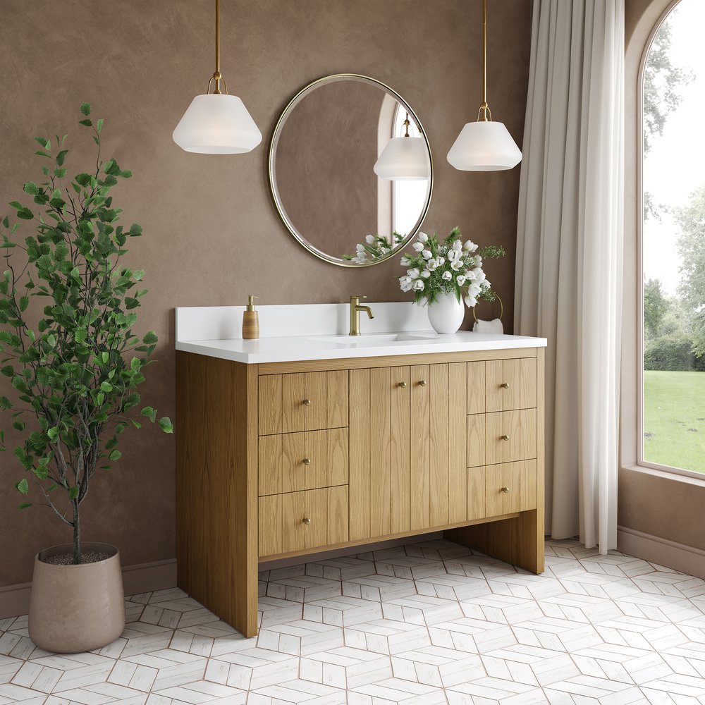 James Martin - Hudson 48" Single Vanity, Light Natural Oak w/ Single Hole 3 CM White Zeus Top & Backsplash - 435-V48-LNO-1WZ view 4