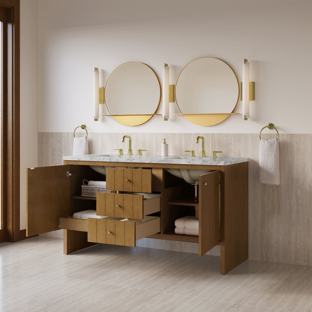 James Martin - Hudson 60" Double Vanity, Honey Oak w/ 3 CM Carrara Marble Top - 435-V60D-HNO-3CAR view 5