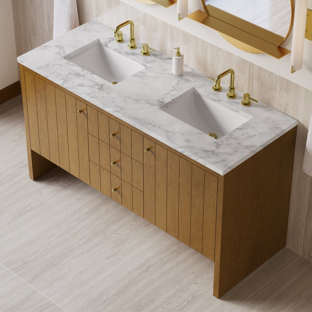 James Martin - Hudson 60" Double Vanity, Honey Oak w/ 3 CM Carrara Marble Top - 435-V60D-HNO-3CAR view 8