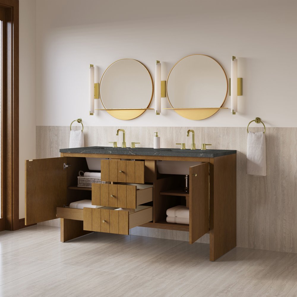 James Martin - Hudson 60" Double Vanity, Honey Oak w/ 3 CM Parisien Bleu Silestone Top w/FreePower Wireless Charger - 435-V60D-HNO-FPBL view 5